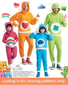 three children in matching costumes posing for the camera with one child wearing a costume that says, listing is for sewing pattern only