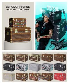 an advertisement for louis vuitton trunk with the image of a man surrounded by suitcases