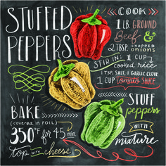 a chalk board with different types of stuffed peppers on it