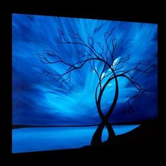 a painting of a tree with blue sky and clouds in the background at night time