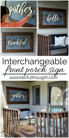 the words interchangeable front porch signs are displayed in different styles and sizes, along with wood