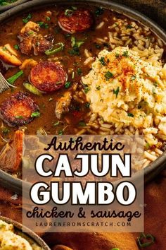 authentic cajun gumbo chicken and sausage soup in a cast iron pan with a spoon