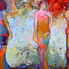 three women standing in front of an abstract painting