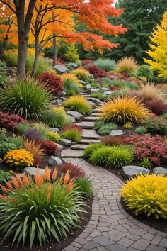 a stone path surrounded by colorful plants and trees