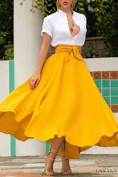 Lasaky - Special Discount on Solid Color A-line Skirt with Waist Belt Types Of Yellow, Belted Midi Skirt, Bowknot Dress, Church Outfit, Long Sleeve Evening Gowns, Maxi Dress Collection, Vibrant Patterns, Wrap Around Dress, Yellow Skirt