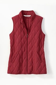 Our lightweight quilted vest is ideal for in-between days or for adding a pop of color – newly updated with a longer length and back elastic to gently shape the waist. Zip front, side pockets plus two inside pockets. In Between, Quilted Vest, Women's Vest, Petite Size, All Seasons, Elastic, Zipper, Red