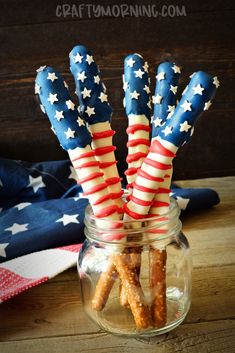 american flag pretzels in a jar on a table