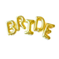 three gold balloons spelling the word bride