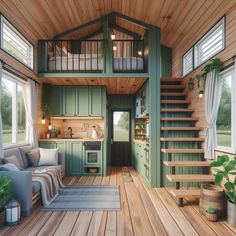 the interior of a tiny cabin with stairs leading up to the kitchen and living room