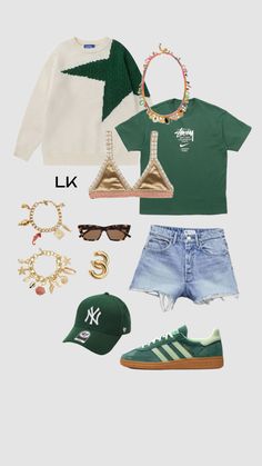 an assortment of clothing and accessories including shoes, hats, sunglasses, and necklaces