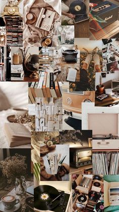 a collage of photos with various objects and books on them, including an old record player