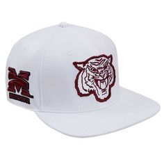 Send your favorites good vibes on game day by grabbing this Mascot Evergreen Wool hat from Pro Standard. It features an unmistakable Morehouse Maroon Tigers graphic embroidered on the front panels that puts your love for the team forward. In addition, the snapback closure makes it easy to secure the perfect fit whenever you want to boost your spirit up a notch. Officially licensed Structured fit Snapback Embroidered graphics with raised details Flat bill High Crown Brand: Pro Standard Imported W Flat Brim Baseball Cap For Game Day, Collegiate White Fitted Hat With Flat Brim, White Collegiate Fitted Hat With Flat Brim, Adjustable Visor Snapback Hat For Game Day, White Snapback Baseball Cap For College, White Flat Brim Hat For Game Day, Collegiate White Fitted Hat With Flat Bill, Collegiate White Flat Bill Hat, White Collegiate Fitted Hat With Flat Bill