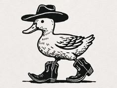 a drawing of a duck wearing cowboy boots and a hat