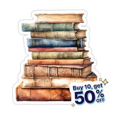 a pile of books with the words buy 10 get 50 % off