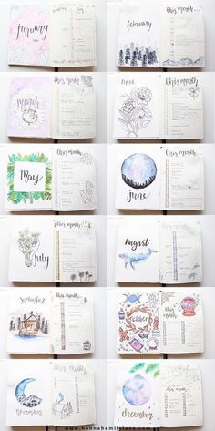 several pages of paper with different designs and words on them, all lined up in rows