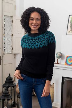 Bold geometric motifs in turquoise on black make this sweater from Peru's Fernando Cano a standout. The pullover is knit from soft warm 100% alpaca yarns and the turquoise motifs feature a fluffy boucle texture. Rib knit trim completes the sweater at the collar cuffs and hem. Mens Knit Sweater, Boucle Yarn, Alpaca Sweater, Geometric Motifs, Alpaca Yarn, Classic Sweater, Beautiful Sweater, Warm Sweaters, Men's Knit