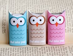 three colorful owls are sitting next to each other on top of an open book with the words owl miss you and owl miss you