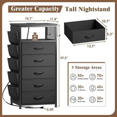 an image of a tall black drawer with drawers and measurements for the top, bottom and bottom