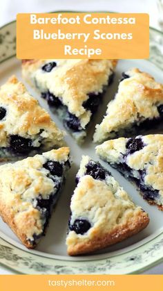 blueberry scones on a plate with text overlay