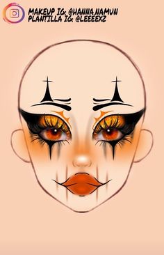 Orange And Black Clown Makeup, Halloween Makeup Drawing, Makeup Ideas Drawing Halloween, Halloween Face Charts, Boceto Makeup Egirl, Leeeexz Makeup, Halloween Themed Makeup, Pretty Halloween Makeup Looks, Makeup Looks Drawing