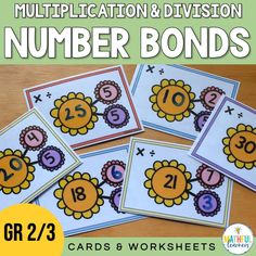 four cards with numbers on them and the number bonds for each card to be written in