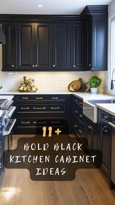 black kitchen cabinets with white counter tops and wood flooring in the center is an island