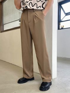 Free Returns ✓ Free Shipping✓. Manfinity Mode Men Slant Pocket Fold Pleated Pants Stacked Long Slacks Nylon Daddy Plain Going Out Husband- Men Pants at SHEIN. Trousers For Men Style, Light Brown Trousers Outfit, Light Brown Pants Outfit, Trousers Outfit Men, Mens Pleated Pants, Ryan Jones, Khaki Slacks