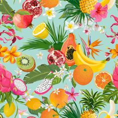 tropical fruits and flowers on a blue background