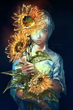 a digital painting of a woman holding sunflowers