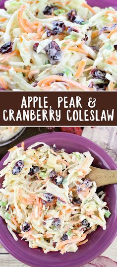 this is an image of a homemade apple pear and cranberry coleslaw salad