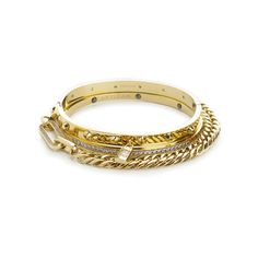 The CAPABLE STACK comes with gold Layered Bracelet Stack featuring three bracelets with a mix of chain and cuff styles. The stack includes a diamond-studded padlock charm and a bold spike charm. Gold Filled Bracelet Stack, Stack Bracelets, Gold Bangle Set, Dope Jewelry, Classy Jewelry, Stacked Jewelry, Jewelry Lookbook, Jewelry Outfit, Jewelry Inspo