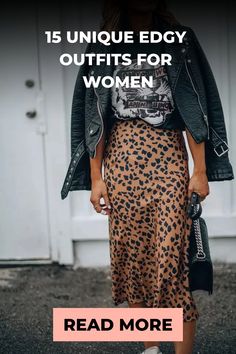 Woman wearing an edgy outfit with a graphic tee, leopard print skirt, black leather jacket, and clutch. Alternative Mom Aesthetic, Grunge Outfits Over 50, Thanksgiving Outfit Edgy, Women’s Alternative Fashion, Going Out Outfits Night In Your 40s, Going Out In Your 30s Outfits, Rocker Capsule Wardrobe, Edgy Fall Outfits 2024, Midsize Concert Outfit Ideas