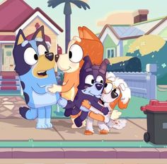 several cartoon characters standing in front of a house