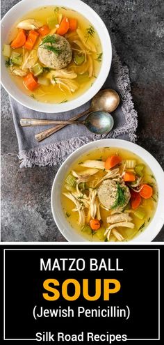 two bowls of matzo ball soup with text overlay