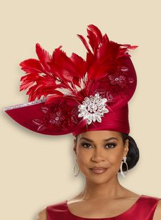 Donna Vinci H12122 red feather hat Red Hat Fascinator For Church, Luxury Elegant Red Costume Hats And Headpieces, Elegant Adjustable Burgundy Hats, Elegant Red One-size Hat, Elegant Red Hat, One Size, Ladies Dress Hats, Lady Dress, Sequin Jacket, Head Pieces