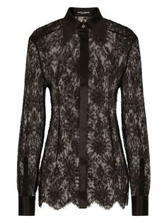 Get ready to turn heads with this semi-sheer floral-lace shirt from Dolce & Gabbana. Perfect for adding a touch of elegance to any outfit, this shirt features classic collar, front button fastening, long sleeves, buttoned-cuff sleeves, and a scallop hem. Black, semi-sheer construction Floral-lace detailing Classic collar Front button fastening Long sleeves Buttoned-cuff sleeves Scallop hem | Dolce & Gabbana Women's Lace Shirt in Black | Size IT 42 | F5R42TMLMAEN0000 Dolce And Gabbana Shirts, Black Lace Shirt, Satin Bluse, Black Tunic Tops, Scallop Hem, Black Tunic, Women Tunic Tops, Dolce E Gabbana, Chantilly Lace