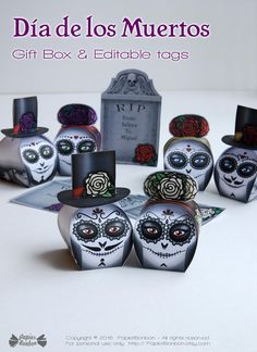 a group of skulls with top hats and roses in front of a gravestone that reads dia de los muertos gift box & edible tags