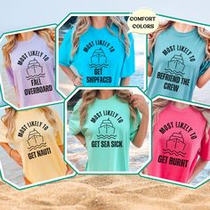 "These funny, custom T-shirts will add an extra layer of fun and laughter to this year's vacation! Please read the full description carefully and see all listing photos! :) These beautiful and bright tshirts are Comfort Colors, meaning they will have a slightly distressed look to the fabric and text! About Comfort Colors Tees! (Unisex Shirts) These ultra soft pigment dyed shirts are one of our best sellers ⭐️ 100% ring spun cotton ⭐️ PRESHRUNK, soft-washed, garment-dyed fabric ⭐️ Set-in sleeves Funny Letter Print Tops For Vacation, Fun Crew Neck Shirt For Beach Season, Funny Beach T-shirt With Crew Neck, Funny Beach T-shirt With Print, Colors Meaning, Group Cruise Shirts, Family Cruise Shirts, Family Reunion Shirts, Cruise Shirts