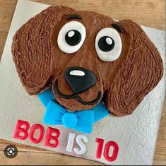 a cake with a dog's face on it and the words bob is 10