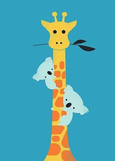 a giraffe with three baby animals on it's neck