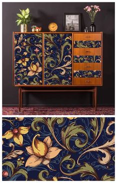 an ornate dresser with flowers painted on the front and side panels, in different colors