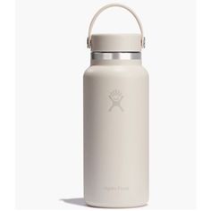 a white hydro flask bottle with a handle on the side and a logo on the front