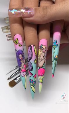 Mushroom Nails Acrylic, Fairy Nails Acrylic, Nail References, Draw Nails, Nails Art Acrylic, Ideas Summer Nails, Nail Inspired, Fairy Nails, Summer Nails Art