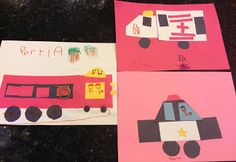 three paper cards with pictures of fire trucks on them, one is pink and the other is blue