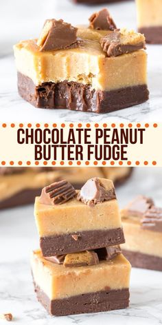 chocolate peanut butter fudge bars stacked on top of each other with text overlay