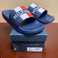 Tommy Hilfiger Mens Dark Blue Tm Romey Slip On Slide Sandals Size 10, 11, 12 M Brand: Tommy Hilfiger Department: Men Size: 10, 11, 12 M Color: Dark Blue Type: Sandals Style: Slide Model: Tm Romey Pattern: Solid Theme: Classic Closure: Slip On Features: Comfort, Lightweight Occasion: Casual Seasons: All Seasons Condition: New With Box I Offer Discounts For All Return Customers. - Jvs Blue Slides For Summer, Casual Blue Sandals With Rubber Sole, Blue Non-slip Sport Sandals With Round Toe, Blue Non-slip Open Toe Sport Sandals, Navy Beach Slides With Cushioned Footbed, Blue Non-slip Sporty Sport Sandals, Blue Non-slip Sport Sandals, Blue Non-slip Slide Sandals, Blue Casual Sport Sandals For Summer