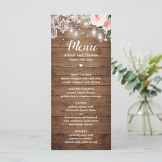 rustic wedding program card with string lights and flowers