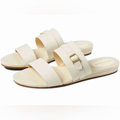 Brand New Never Worn Cole Haan Francine Leather Sandals For Women In Ivory. Very Comfortable And Durable. Size 8.5 Without Original Box. This Is Final Mark Down, Don’t Miss This Great Deal. Retail Is Still Around 100$ . Priced To Sell! Sorry I Am Not Taking Offers Its Already Laughable Price For These Sandals. Beige Flat Sandals With Cushioned Footbed, Cream Closed Toe Sandals With Leather Footbed, Cream Buckle Closure Sandals For Beach, Chic Cream Flat Sandals, Beige Flat Sandals With Leather Footbed, Cream Open Toe Slides With Textured Footbed, Chic White Footbed Sandals With Round Toe, Cream Cushioned Slip-on Sandals, Chic Cream Slip-on Sandals