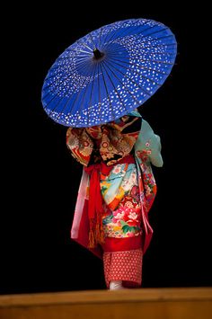 another beautiful kimono, and I love the contrast colour of her shade umbrella..... Japanese Parasol, Japanese Umbrella, Blue Umbrella, Paper Umbrellas, Umbrella Art, Shade Umbrellas, Under My Umbrella, Japanese Geisha, Umbrellas Parasols