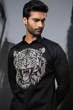 Black shirt with cutdana placement embroidery in 3D tiger face pattern. - Aza Fashions Designer Black Tops For Festive Season, Designer Black Tops For Festive Occasions, Festive Black Embroidered Shirt, Designer Embroidered Black Shirt, Designer Black Embroidered Shirt, Festive Black Cotton Shirt, Men Shirts Casual, 3d Tiger, Placement Embroidery